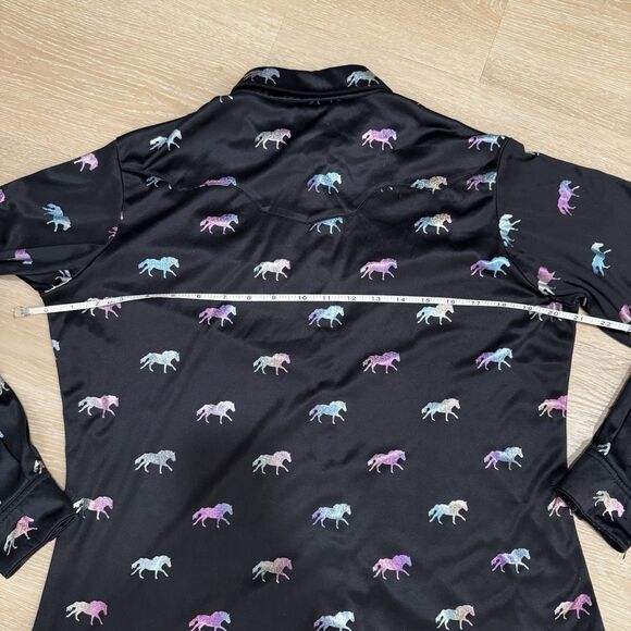 Wrangler Western Shirt Snap Buttons Hologram Horse Print Womens Sz M Black Satin - Picture 7 of 11